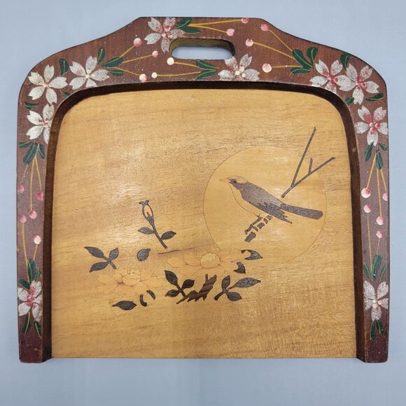 Vintage Wood Hand Carved Painted Crumb Tray & Scraper Floral & Bird Design Japan - Picture 10 of 11